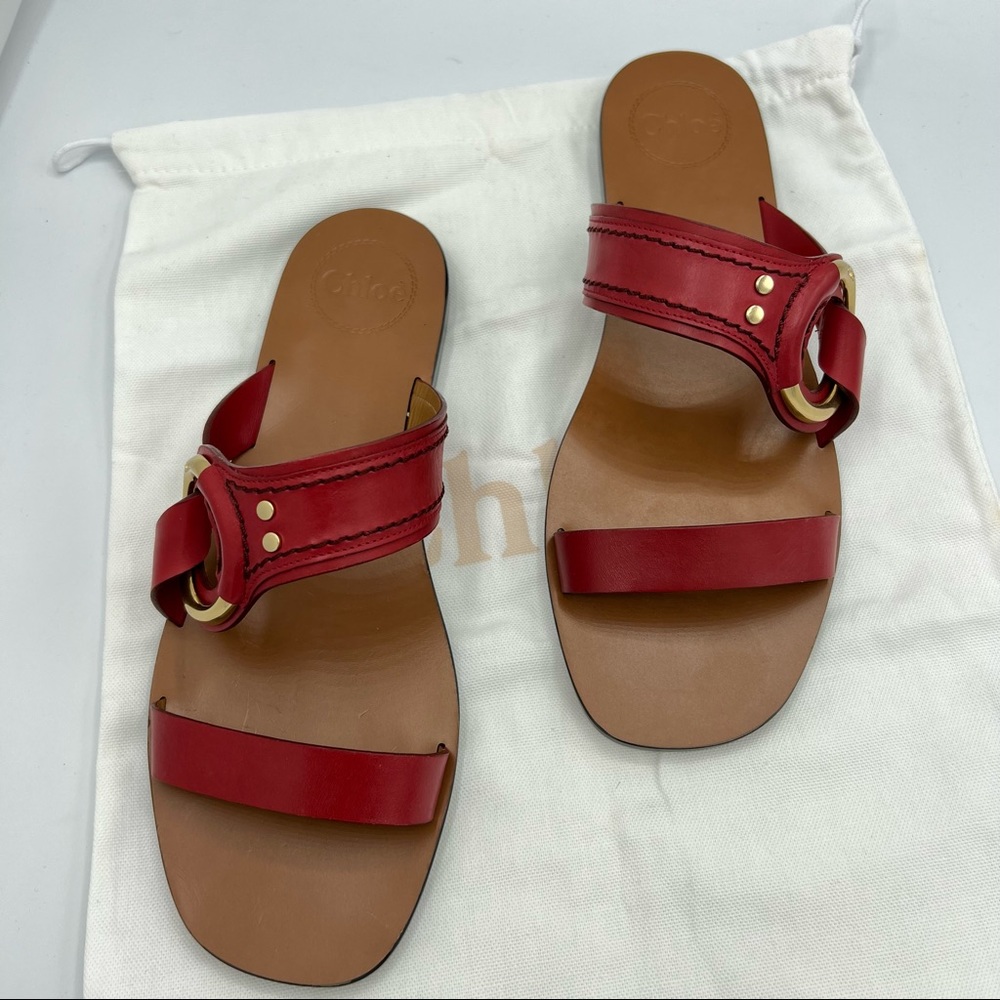 CHLOE Demi Leather Slide Flat Sandals Size EU 39.5 US 9.5 Red Tan Gold hardware - Picture 1 of 8